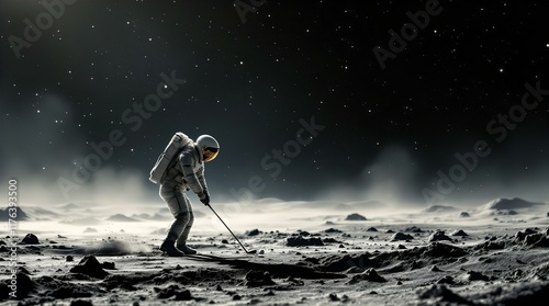 Lone Astronaut Plays Golf on a Desolate Lunar Landscape Under a Starry Sky