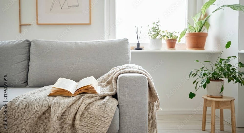 Fototapeta premium Cozy living room with sofa, book, blanket, and plants