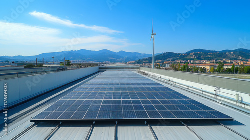 solar panel on factory roof with wind turbine and blue sky background photo