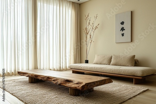 Minimalist, modern japandi interior design of a living room with windows and curtains and a sofa. Generative AI
