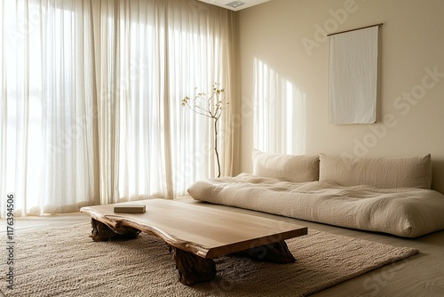 Minimalist, modern japandi interior design of a living room with windows and curtains and a sofa. Generative AI
