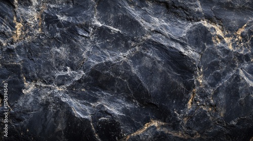 Close-up of a volumetric black and white rock texture with dark gray grunge patterns, offering ample space for design in a long panoramic layout