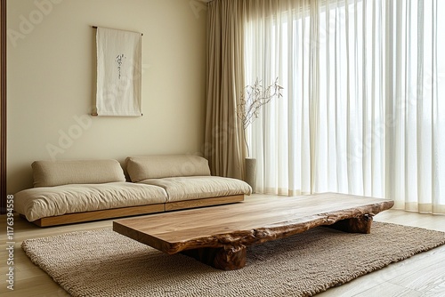 Minimalist, modern japandi interior design of a living room with windows and curtains and a sofa. Generative AI
