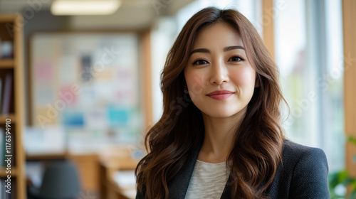 close up portrait of attractive woman with long hair, smiling confidently in modern office setting. background features bookshelves and large windows