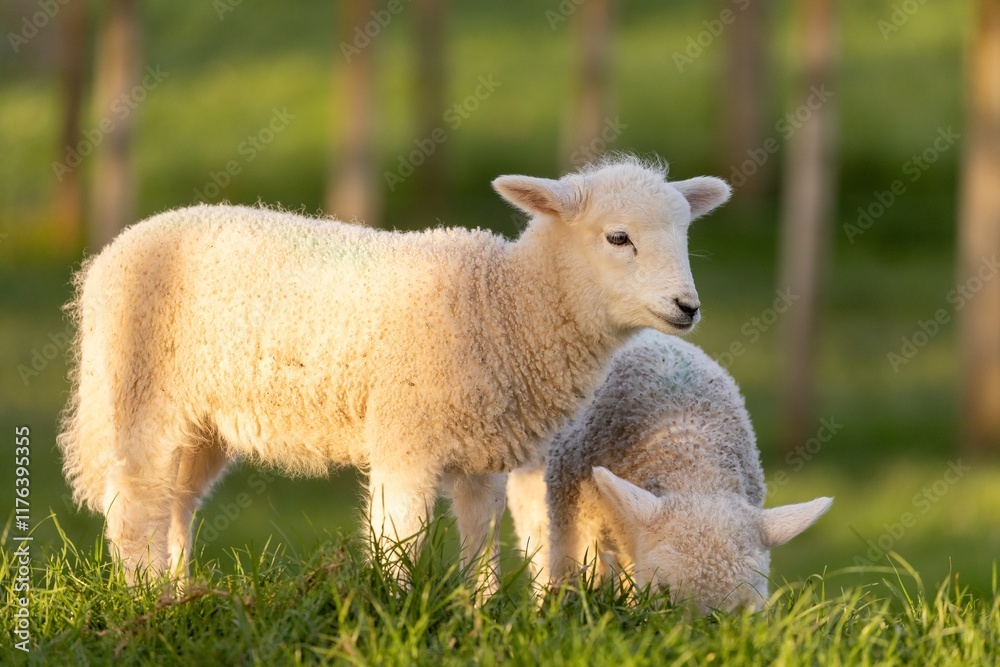 Fototapeta premium Two fluffy lambs graze in a grassy field, bathed in golden sunlight. Cute, young animals enjoying nature. Ambury Farm, Auckland, New Zealand
