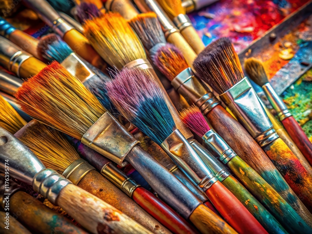 Fototapeta premium Used Oil & Acrylic Paint Brushes in Artist Studio - Close-up Still Life Photography