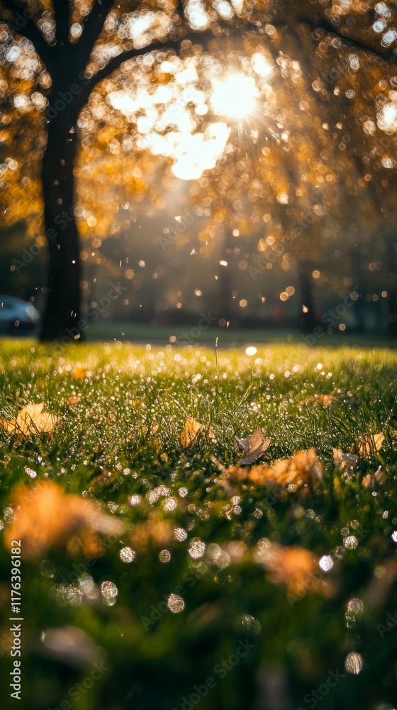 Obraz premium Close up of dew drops on grass with golden leaves in the background