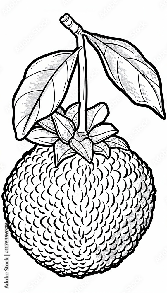 A bold line art illustration of a pulasan fruit with leaves and stem. Perfect for coloring books or educational materials about exotic fruits. A bold line art illustration of a pulasan fruit with leaves and stem. Perfect for coloring books or educational materials about exotic fruits.