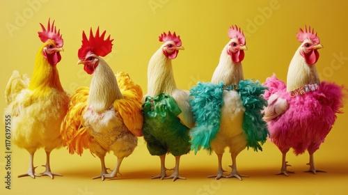 creative concept of a group of chickens dressed in vibrant, fashionable outfits, isolated on a solid background, perfect for advertisement and quirky designs. photo