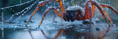 Micro view of a spidera??s web in dew with reflections and sharp details in early morning light photo