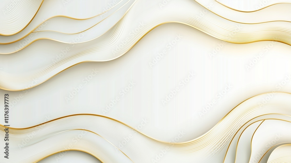 Obraz premium A sleek white background featuring an abstract gold pattern with flowing wavy shapes, creating a modern and elegant aesthetic perfect for corporate presentations and advertising materials.