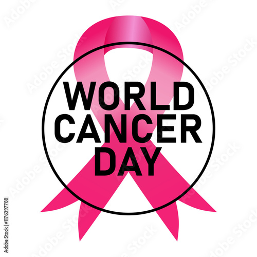 A pink ribbon with the words World Cancer Day written in black. The ribbon is pink and white, and it is meant to raise awareness about cancer and encourage people to support cancer research