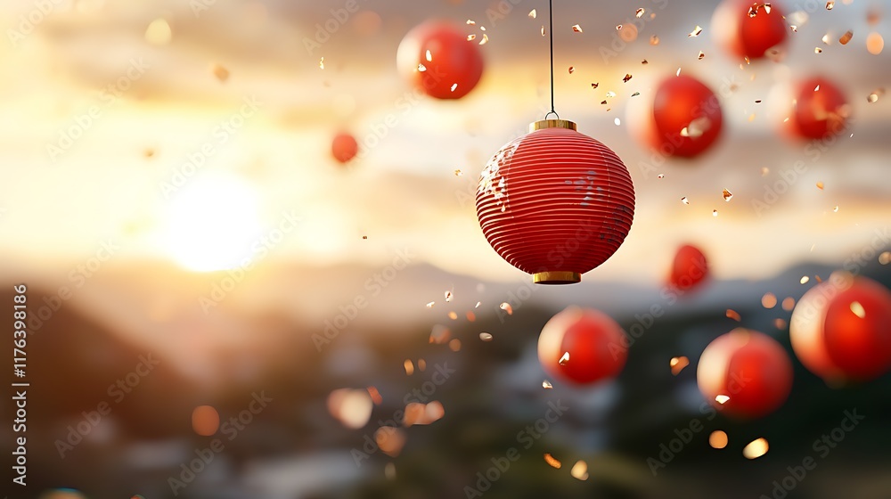 Vibrant red lanterns arranged in a captivating spiral pattern against a warm glowing background creating a festive celebratory atmosphere perfect for holiday cultural or spiritual occasions Vibrant red lanterns arranged in a captivating spiral pattern against a warm glowing background creating a festive celebratory atmosphere perfect for holiday cultural or spiritual occasions