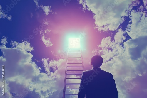 A businessman contemplating a ladder that leads to a bright doorway in the sky.