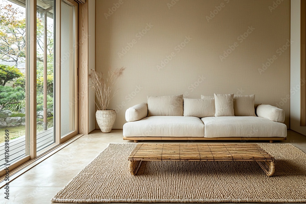 Minimalist, a modern Scandinavian interior design in a beige-finished interior and a residential living room with a sofa and table. Generative AI
Minimalist, a modern Scandinavian interior design in a beige-finished interior and a residential living room with a sofa and table. Generative AI