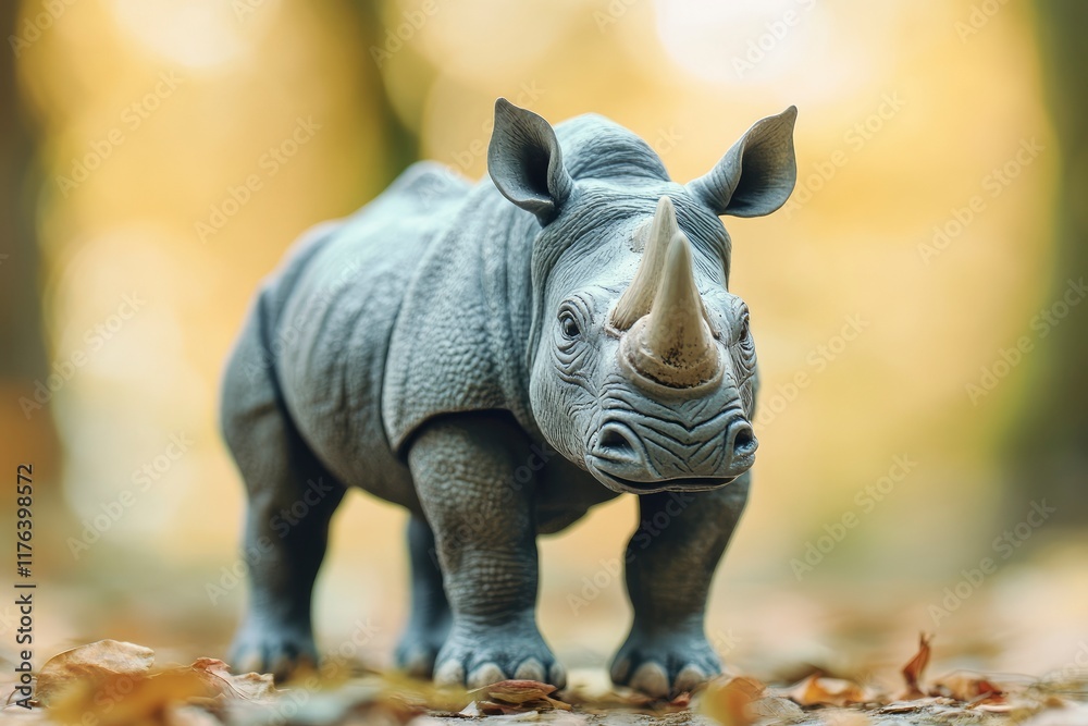 Fototapeta premium Rhinoceros toy action figure full body front view with blur forest background. World Rhino Day. World Wildlife Day.