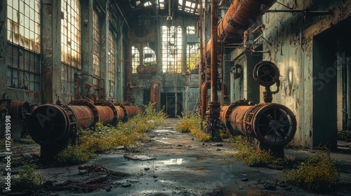 Abandoned Factory Complex with Rusted Pipes and Broken Structures in Overgrown Setting