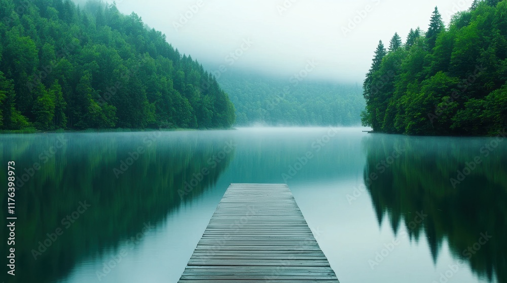 Serene Dock Overlooking Calm Lake Surrounded by Lush Greenery Serene Dock Overlooking Calm Lake Surrounded by Lush Greenery