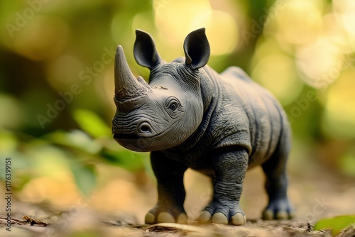 Rhinoceros toy action figure full body front view with blur forest background. World Rhino Day. World Wildlife Day.  photo