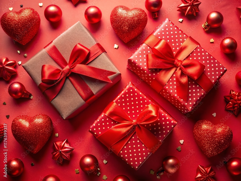 Fototapeta premium Valentine's Day Gift Boxes & Decorations: Top View Red Background Stock Photo