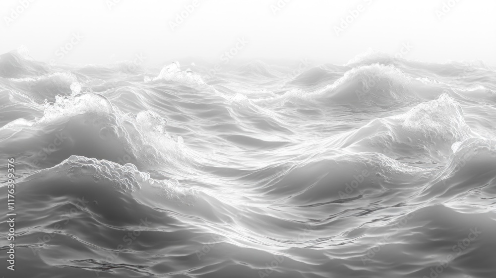 Fototapeta premium Desaturated abstract water surface with gentle waves, soft bubbles, and splashes, illuminated by sunlight in white and grey tones