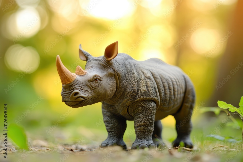 Fototapeta premium Rhinoceros toy action figure full body front view with blur forest background. World Rhino Day. World Wildlife Day.