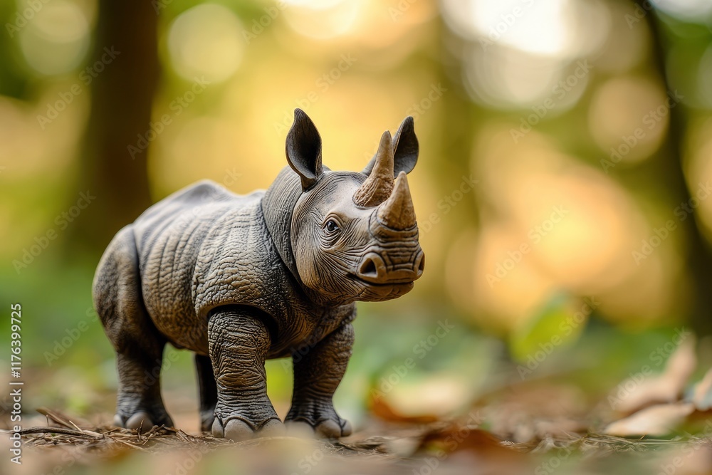 Fototapeta premium Rhinoceros toy action figure full body front view with blur forest background. World Rhino Day. World Wildlife Day.