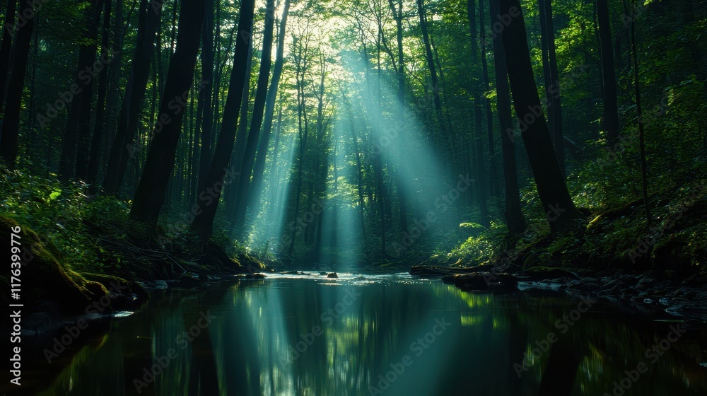 Obraz premium Sunlight Streaming Through Trees Over Calm Water in Lush Forest Environment