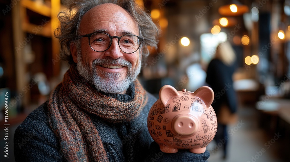 Obraz premium A smiling man holds a decorated piggy bank, symbolizing savings and financial planning in a cozy setting.