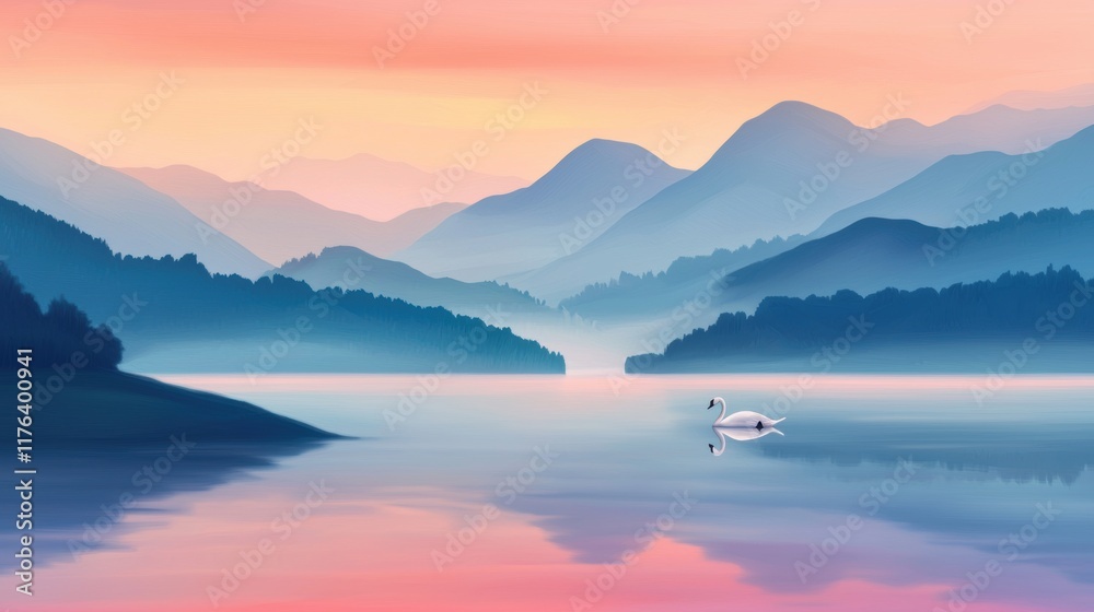 Serene Landscape with Swans at Dawn Over Tranquil Mountain Lake Serene Landscape with Swans at Dawn Over Tranquil Mountain Lake