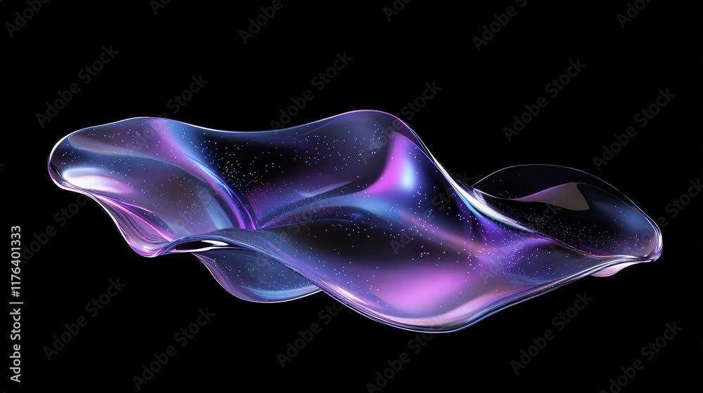Fototapeta premium Abstract Fluid Design with Holographic and Iridescent Effects in Purple Curves and Waves on a Black Background