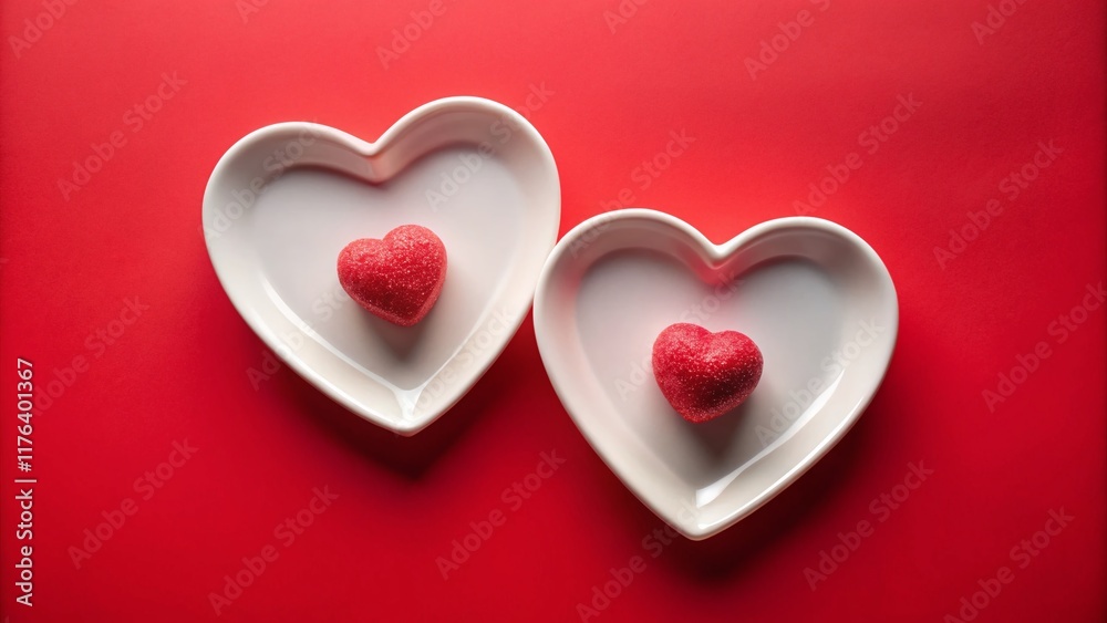 Valentine's Day Heart Shaped Plates with Candy - Romantic Red Background Stock Photo Valentine's Day Heart Shaped Plates with Candy - Romantic Red Background Stock Photo