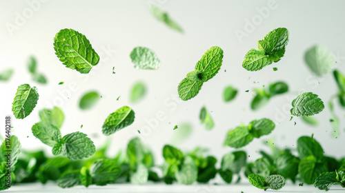 Various falling fresh ripe Mint leaves on light white background, horizontal composition