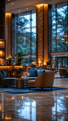 A modern hotel lobby with elegant seating, warm lighting, and large windows showcasing greenery outside.
