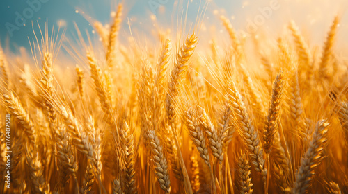 Wheat field with the sun. Golden wheat ears close-up. A fresh crop of rye