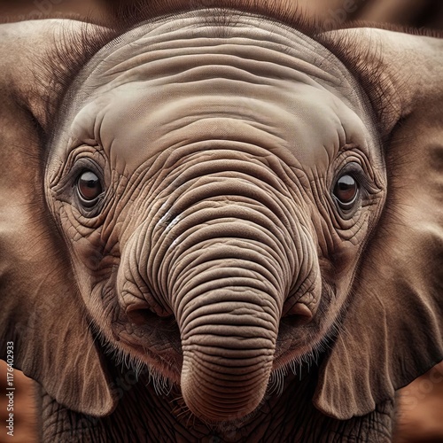 58 Close up of a baby elephant's face – Wrinkled skin tiny tus photo