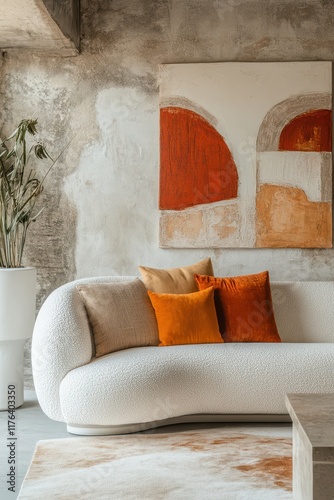 Wallpaper Mural Minimalist, loft home interior design of modern stylish living room with curved white boucle sofa paired with vibrant orange and beige cushions. The room is completed with an abstract wall art.  Torontodigital.ca