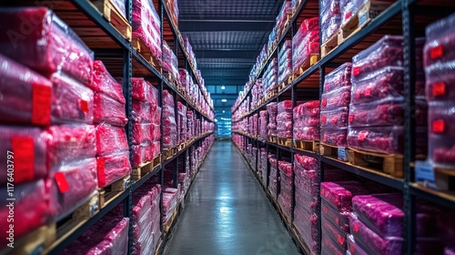 Wallpaper Mural Frozen meat packages stacked neatly on shelves inside a refrigerated storage facility, showcasing industrial organization and preservation.  Torontodigital.ca