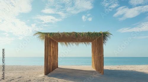 Simple sukkah booth with palm branches as roofing, set on a sandy beach under a blue sky, representing the Sukkot celebration in a serene coastal setting.