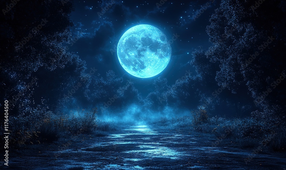 Naklejka premium A serene night scene featuring a bright blue moon illuminating a tranquil path through a forest.