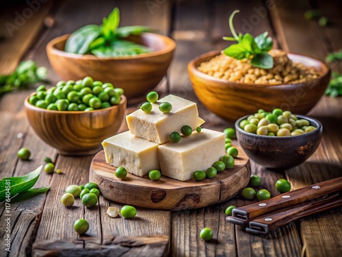 Vegan Tofu Soybeans Peas Rustic Wooden Bowl Bokeh Food Photography