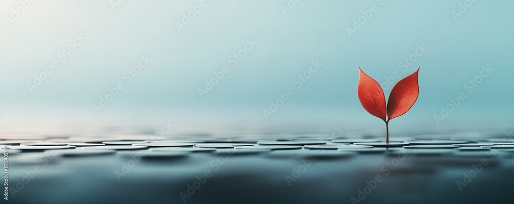 Fototapeta premium A solitary red leaf sprouts from a tranquil surface, symbolizing resilience and nature's beauty amidst calm water.