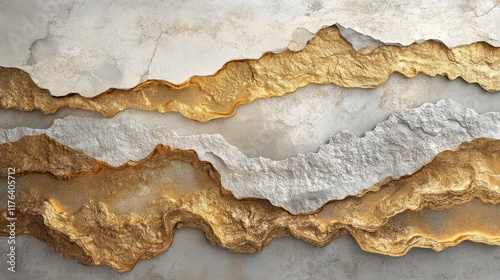Elegant wall art depicting golden and white canyon-like landscapes with layered textures, creating a luxurious and artistic design.