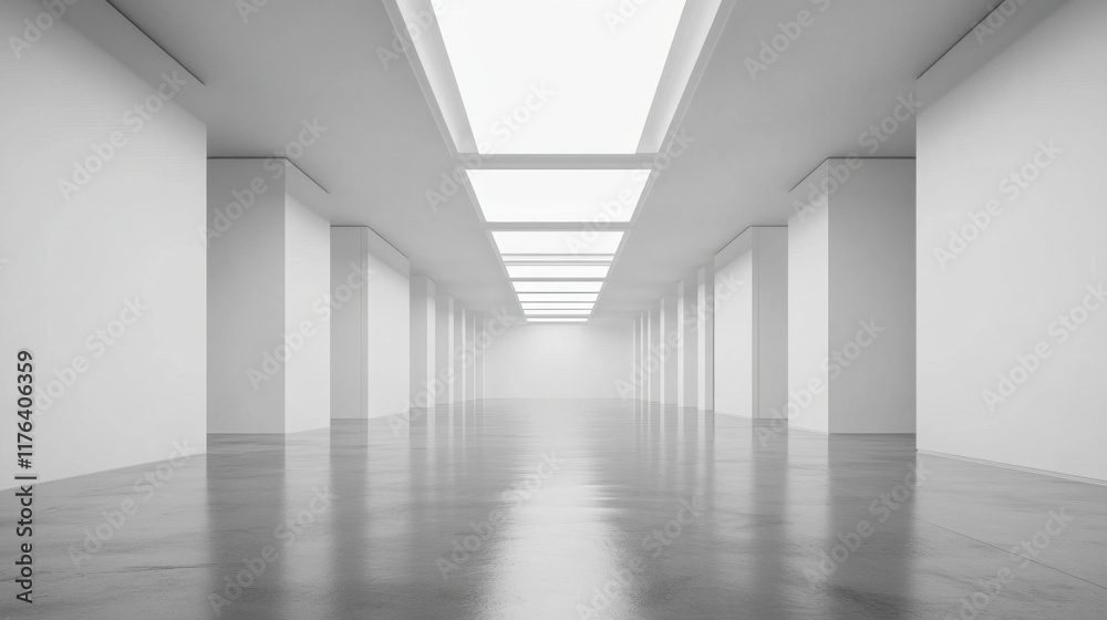 minimalistic empty white gallery room with smooth concrete floor and bright skylights. spacious design creates serene atmosphere, perfect for showcasing art minimalistic empty white gallery room with smooth concrete floor and bright skylights. spacious design creates serene atmosphere, perfect for showcasing art