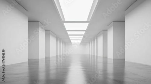 minimalistic empty white gallery room with smooth concrete floor and bright skylights. spacious design creates serene atmosphere, perfect for showcasing art