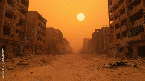Barren Post-Apocalyptic Cityscape with Crumbling Buildings and Orange Sky