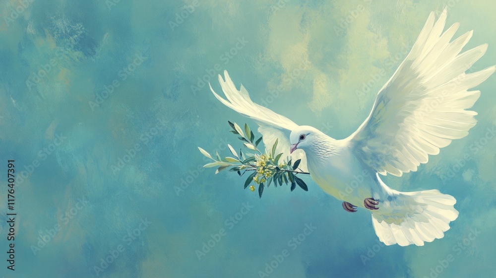 Obraz premium Graceful white dove with wide-open wings, carrying an olive branch in its beak, floating against a soft blue background with room for text