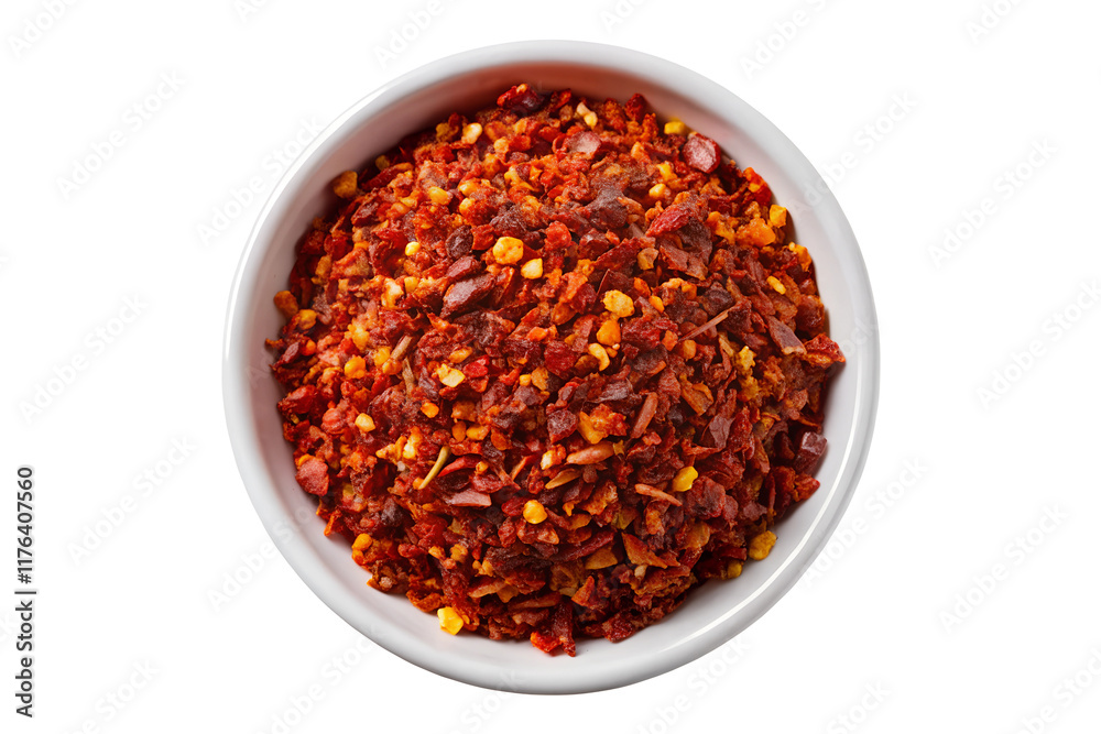 Spicy Crushed Red Pepper Flakes in White Bowl on Transparent Background - Perfect for Adding Heat to Your Dishes Spicy Crushed Red Pepper Flakes in White Bowl on Transparent Background - Perfect for Adding Heat to Your Dishes