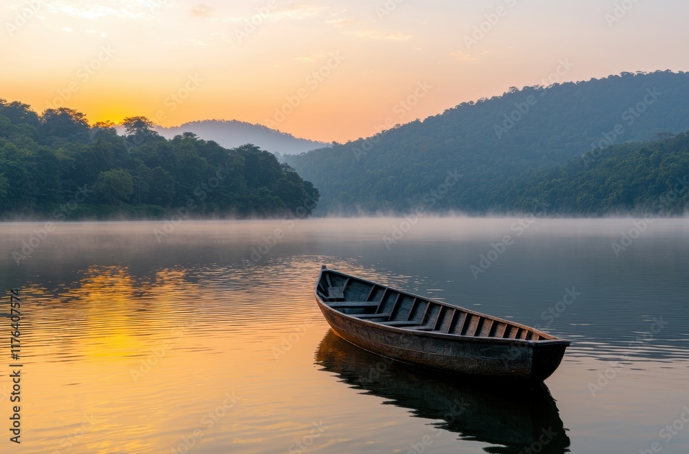 Tranquil Sunrise over a Serene Lake with a Wooden Boat at Dawn Tranquil Sunrise over a Serene Lake with a Wooden Boat at Dawn