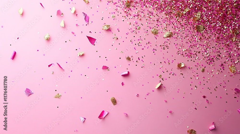 A vibrant arrangement of pink and gold glitter and confetti scattered on a soft pink background. A vibrant arrangement of pink and gold glitter and confetti scattered on a soft pink background.